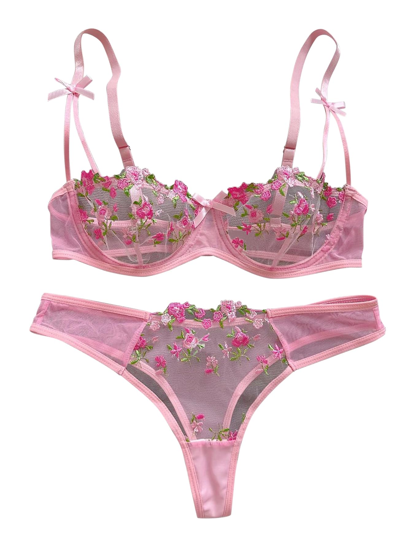 Photo 1 of Lilosy Sexy Bows Floral Embroidered Mesh Sheer Underwire Lingerie Set 2 Piece Women Flower Push Up 