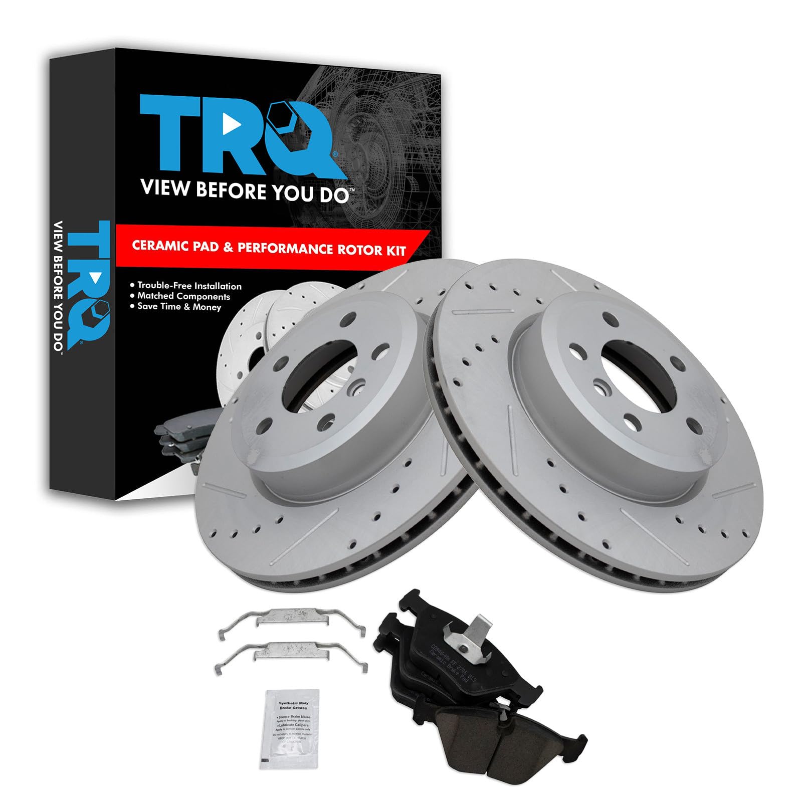 TRQ Front Brake Pad and Rotor Set Ceramic Coated Drilled Slotted Vented Rotors Compatible with 2004-2010 BMW X3 Image