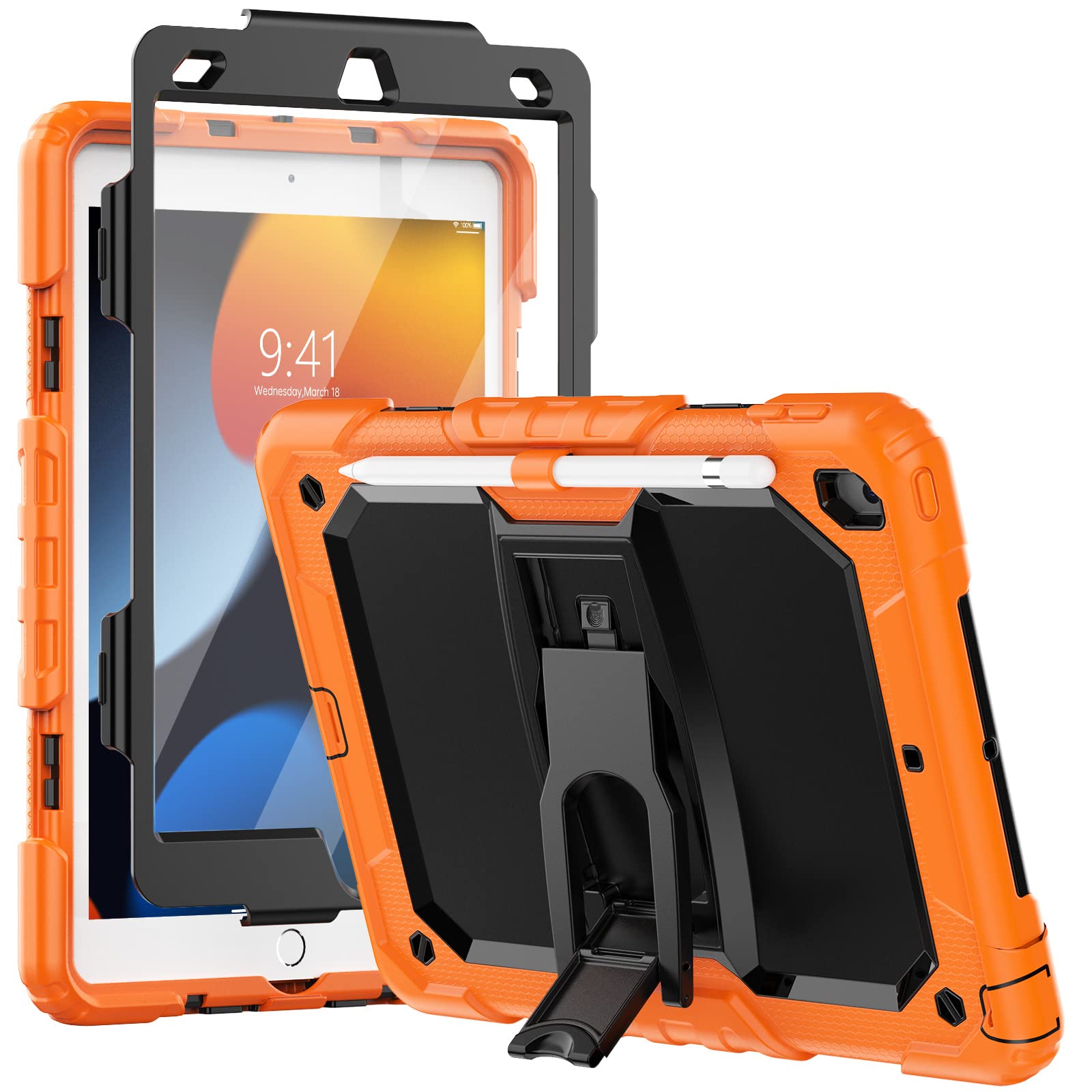 SEYMCY Shockproof Case for iPad 9th/8th/7th Generation 10.2 Inch 2021/2020/2019, Full-body Protection Case with Screen Protector, Built-in Folding Stand, Pencil Holder, Orange