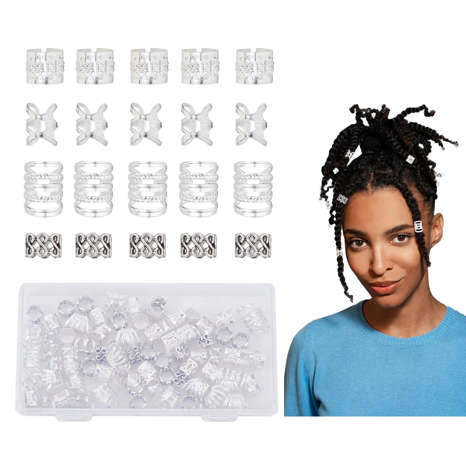 NICENEEDED 80 Pcs Dreadlocks Beads, Loc Braid Jewelry for Hair Cuffs, Adjustable Dreadlocks Hair Braid Beads Rings Cuffs Hair Decoration Wig Accessories Silver Metal Pendants Loc Clips for Women Girls