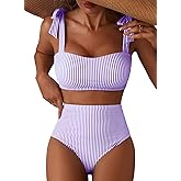 Herseas Women's Tie Shoulder Bikini Sets 2 Piece Striped Swimsuits High Waisted Bathing Suits