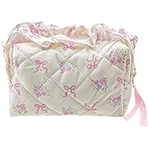 Arvintas Quilted Makeup Bag, Cute Pouch Toiletry Bag, Travel Toiletry Bag Period Bag, Pink bow tie Toiletry Organizer Bag for Women Girls (Style 1)