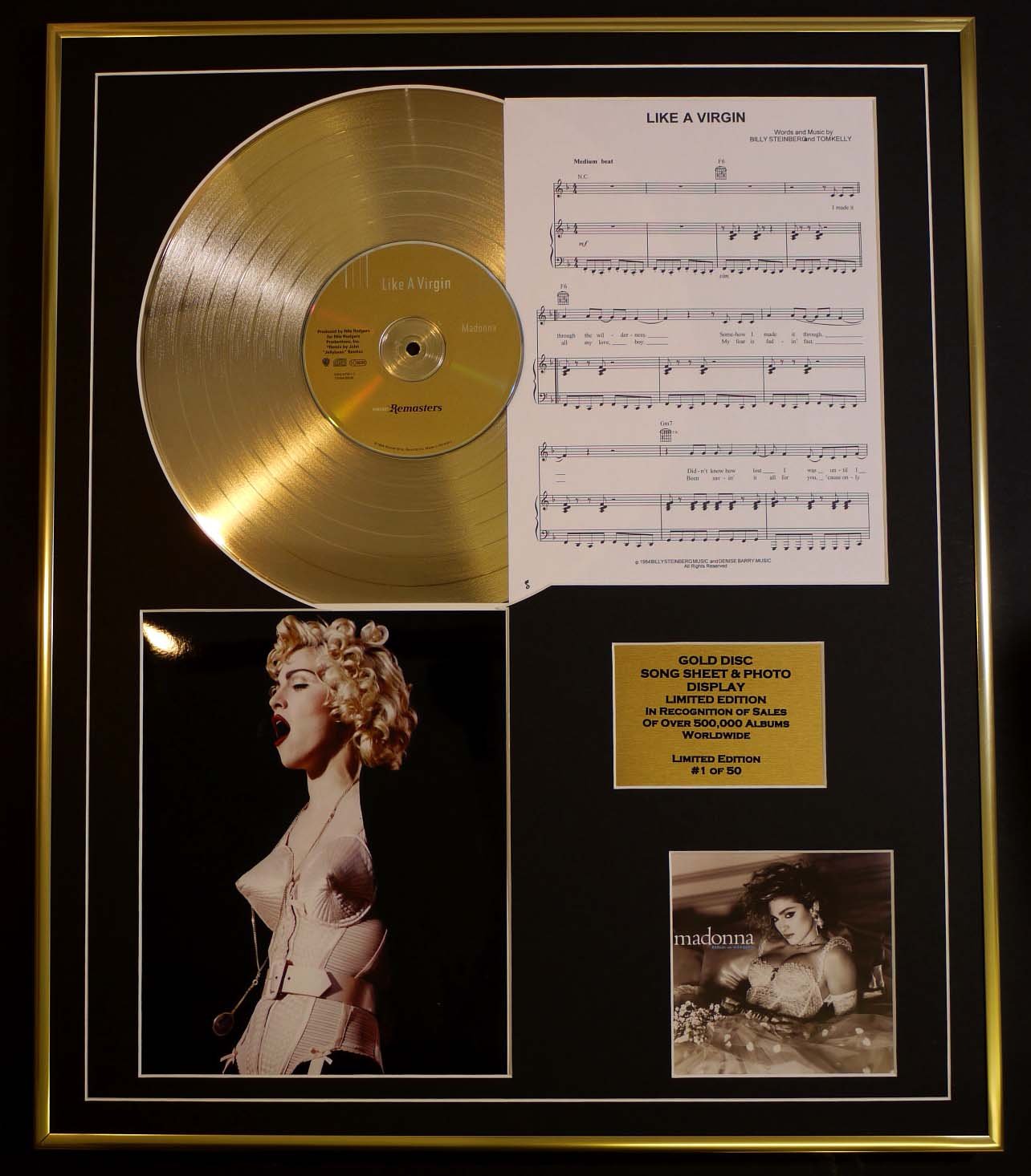 MADONNA/CD GOLD DISC, SONG SHEET & PHOTO DISPLAY/LTD. EDITION/COA/ALBUM, LIKE A VIRGIN/SONG SHEET, LIKE A VIRGIN