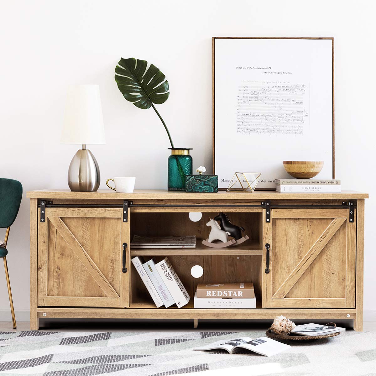 Tangkula Wood TV Stand for 65” Television, TV Ark with Sliding Barn Doors, Wooden TV Cabinet with 2 Center Compartments and 2 Cabinets, Barn Door TV Stand, Natural Design (Natural Oak)