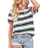 Imily Bela Womens Summer Tops 2026 Striped Color Block Short Puff Sleeve T Shirt Casual Crewneck Loose Basic Tee