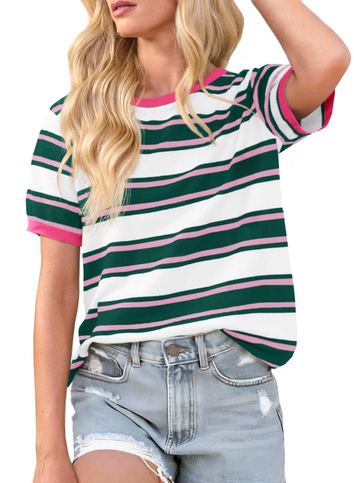Photo 1 of *** UNKNOWN SIZE*** Imily Bela Womens Short Puff Sleeve Tops Striped Color Block Summer T Shirt Trendy Casual Crew Neck Basic Tee Pink