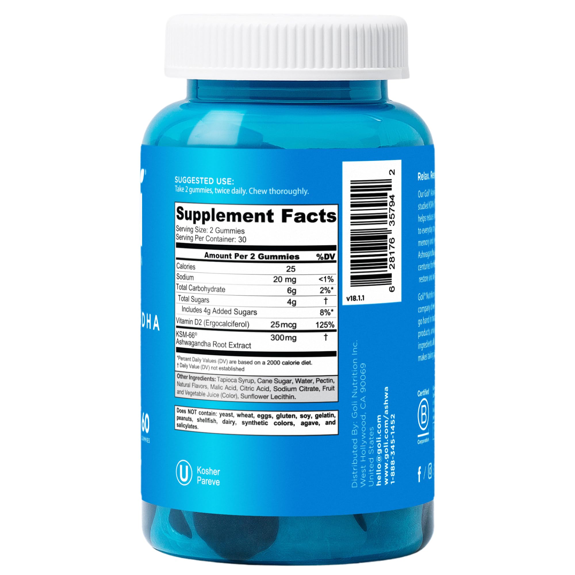 Goli Ashwagandha Gummies with KSM-66 and Vitamin D - Premium Root Extract - Vegan, Non-GMO - Mixed Berry Flavor - 60 Count (Pack of 1)