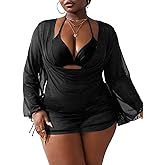 WODECASA Women's Plus Size 3 Piece Swimsuits Halter Triangle Bikini Set with Drawstring Semi Sheer Cover Up Bathing Suit