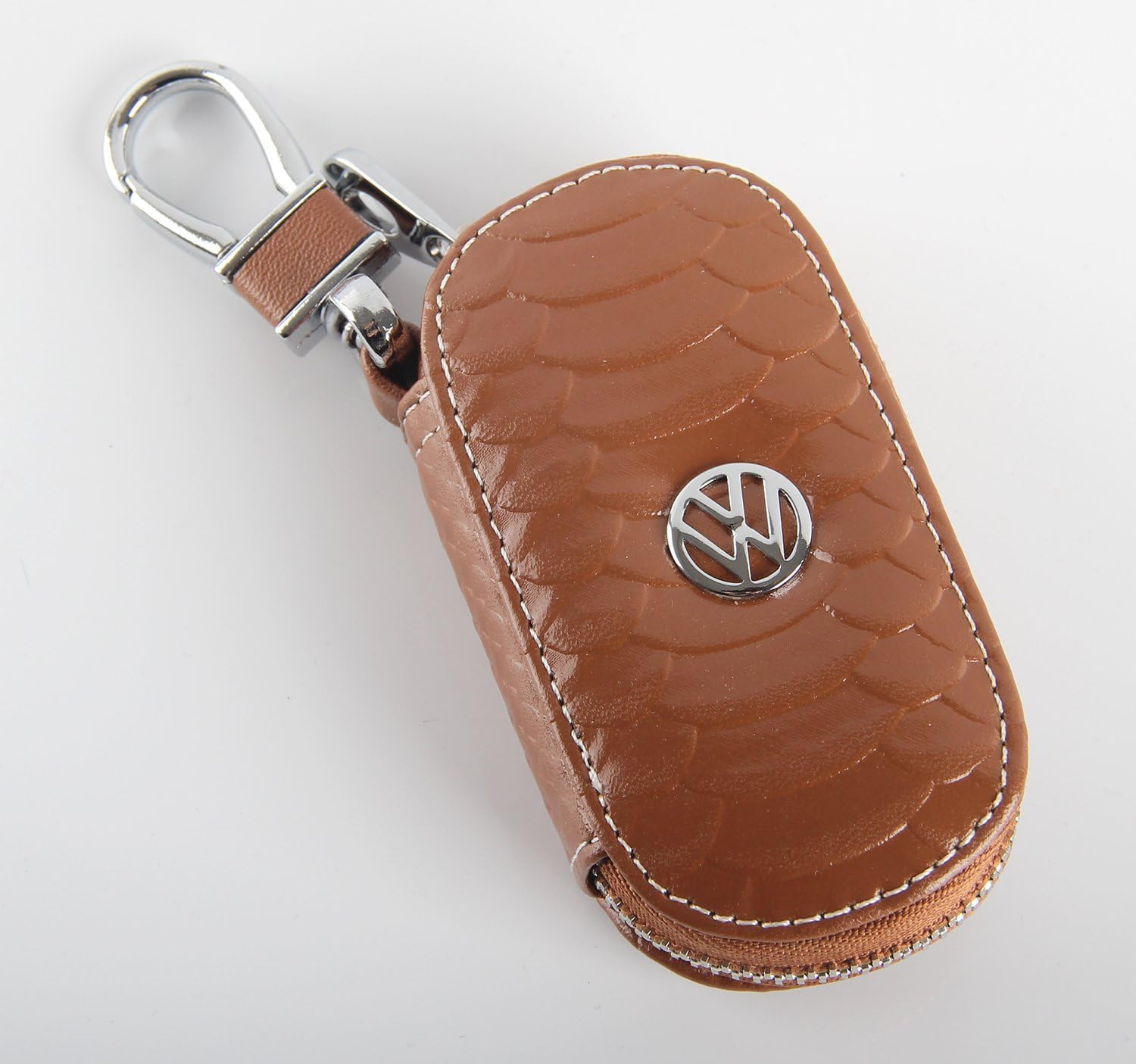 Key Chain Bag Oval Fish Scale Stripes Genuine Leather Ring Holder Case Car Auto Coin Universal Remote Smart Key Cover Fob Alarm Security Zipper Keychain Wallet Bag (Brown, Apply to for VW.Volkswagen)