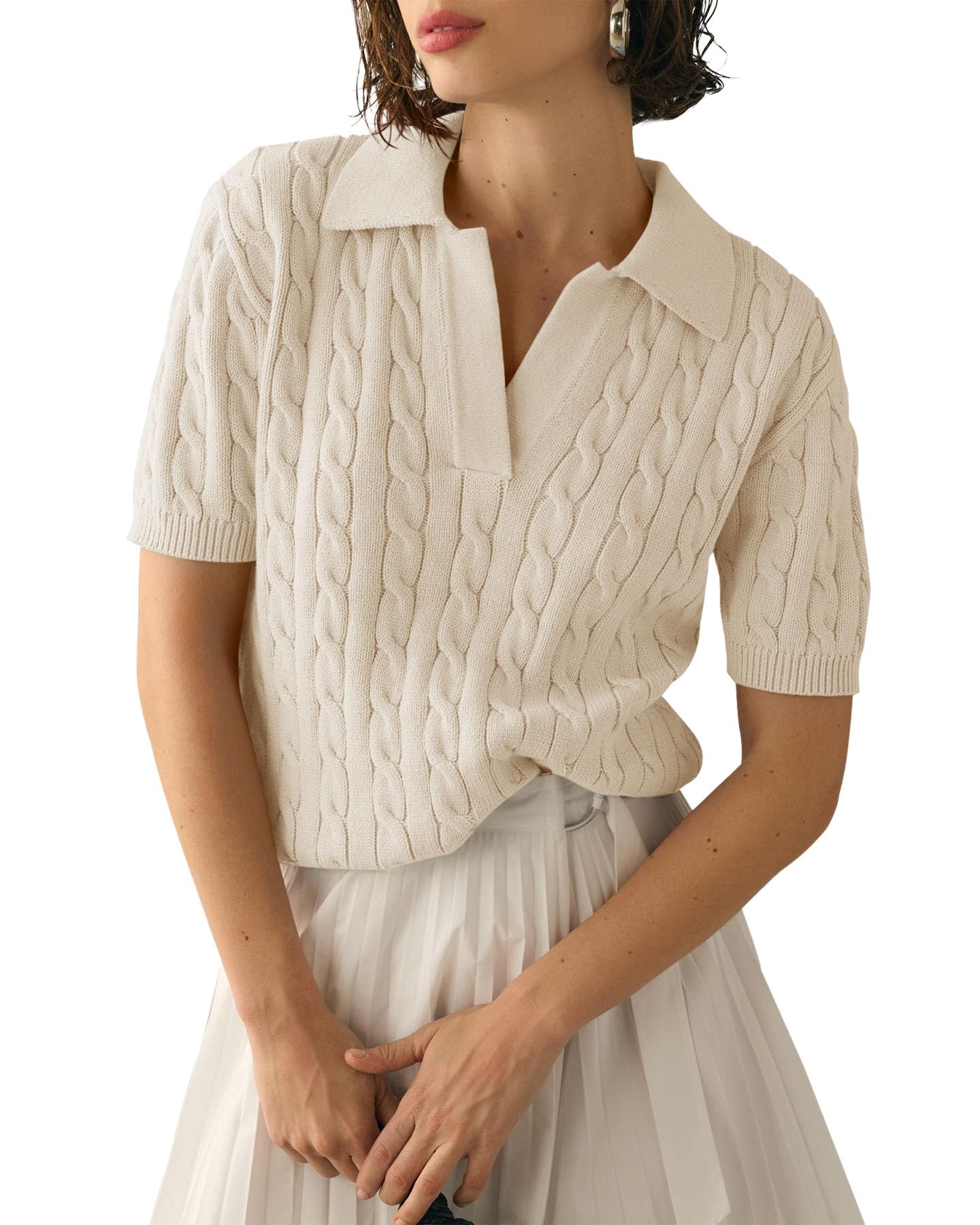 Imily Bela Women's Cable Short Sleeve Sweaters Tops