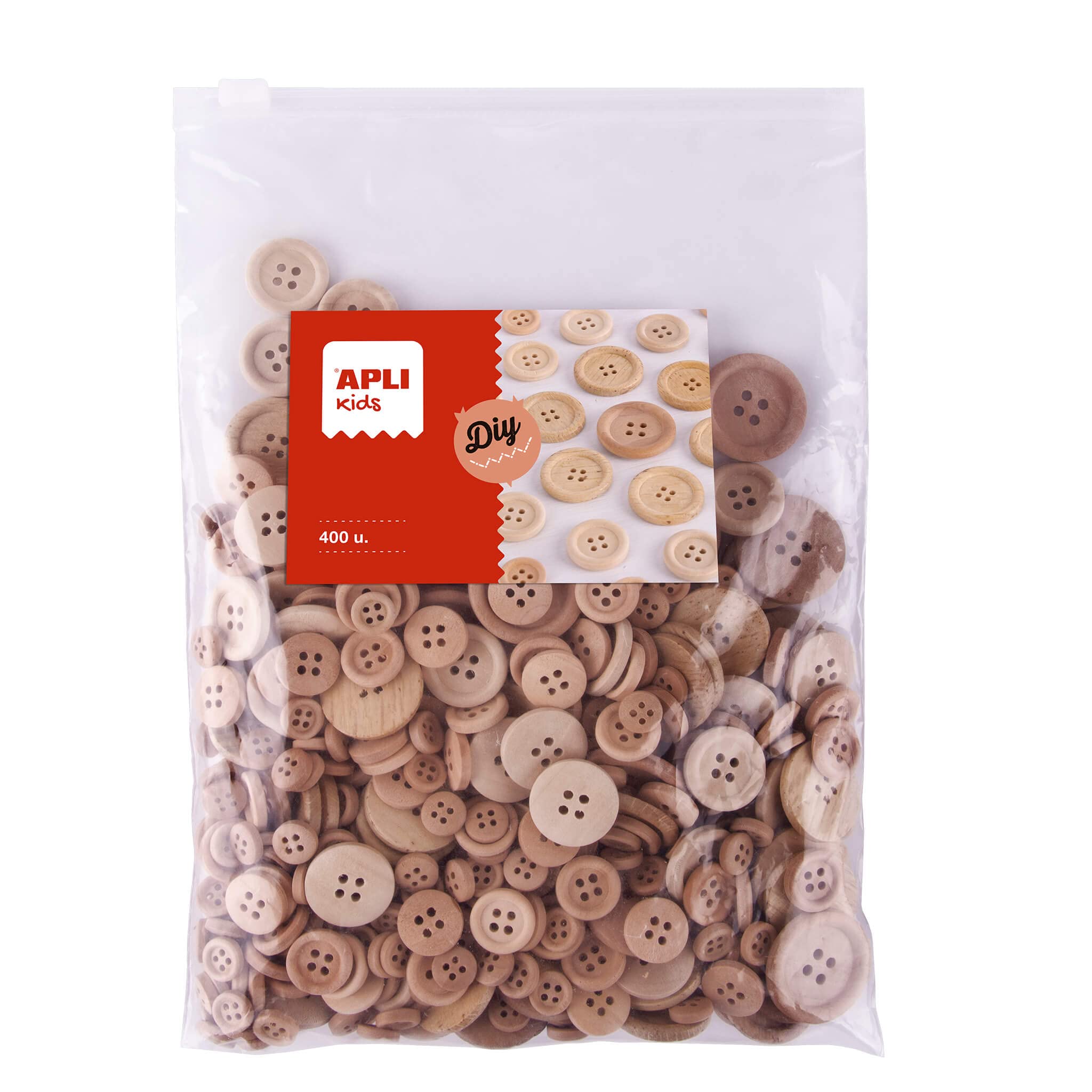 APLI Kids 18799 Zip Bag of 400 Natural Wooden Buttons in Various Sizes – Craft and Craft Materials