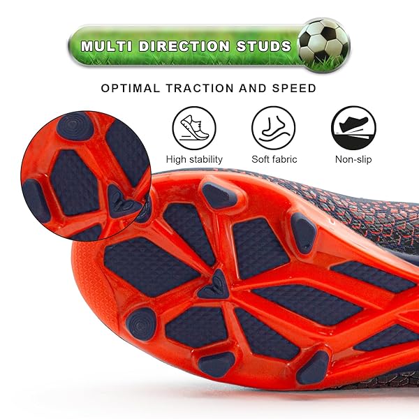 RUNIC KIDS SOCCER CLEATS FOR BOYS AND GIRLS – SMALL AND BIG KID ATHLETIC OUTDOOR FOOTBALL SHOES – FIRM GROUND – HOOK AND LOOP CLOSURE – NAVY/ORANGE – 9