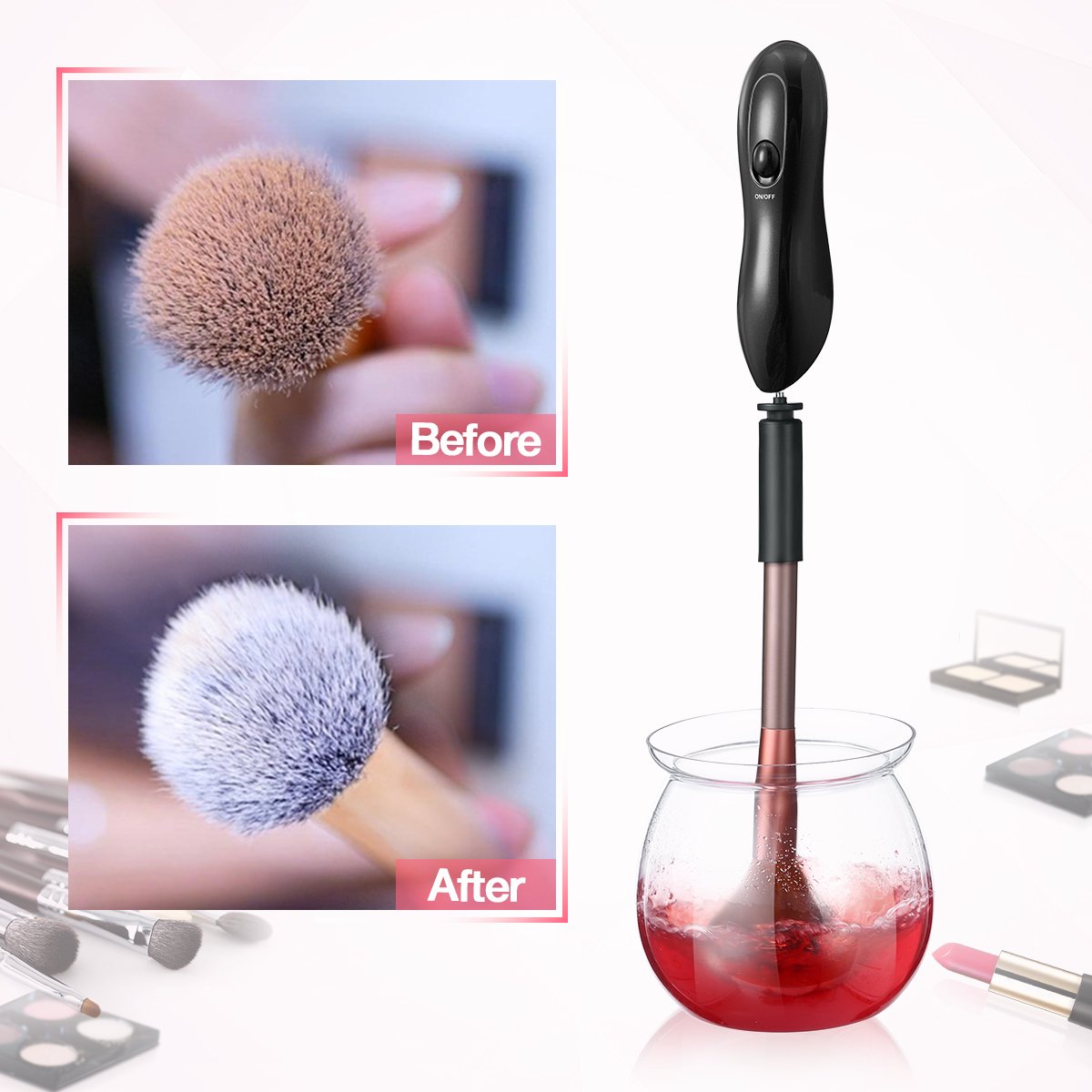 Makeup Brush Cleaner, Electric Makeup Brush Cleaner and Dryer for All Size Makeup Brushes with 8 Different Rubber Collars, Clean and Dry in Seconds (Black)