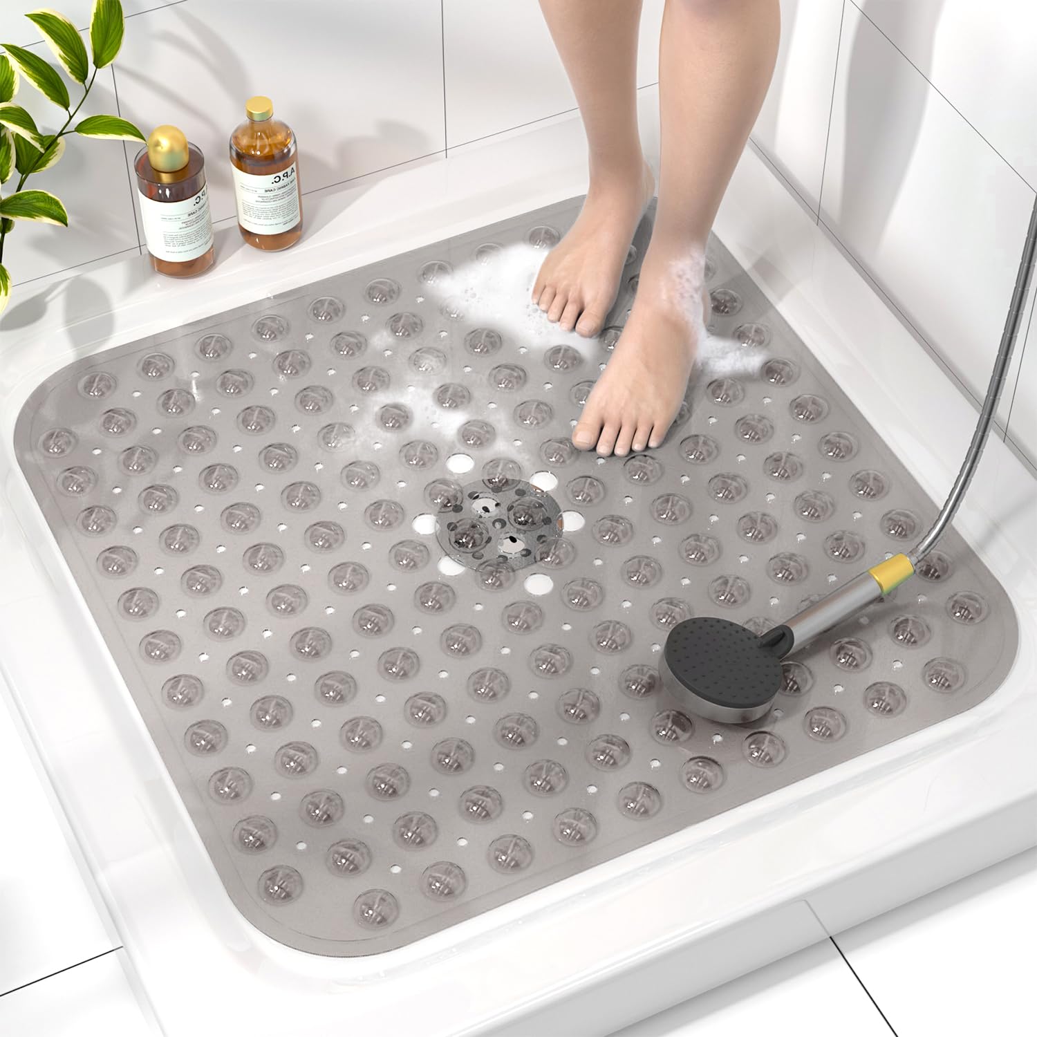 HITSLAM Square Shower Mat Non Slip Anti Mould, 53 x 53cm Bath Mat for Tub with Suction Cups and Drain Holes, Machine Washable Bathroom Anti Slip Shower Mat, Soft on Feet, Grey