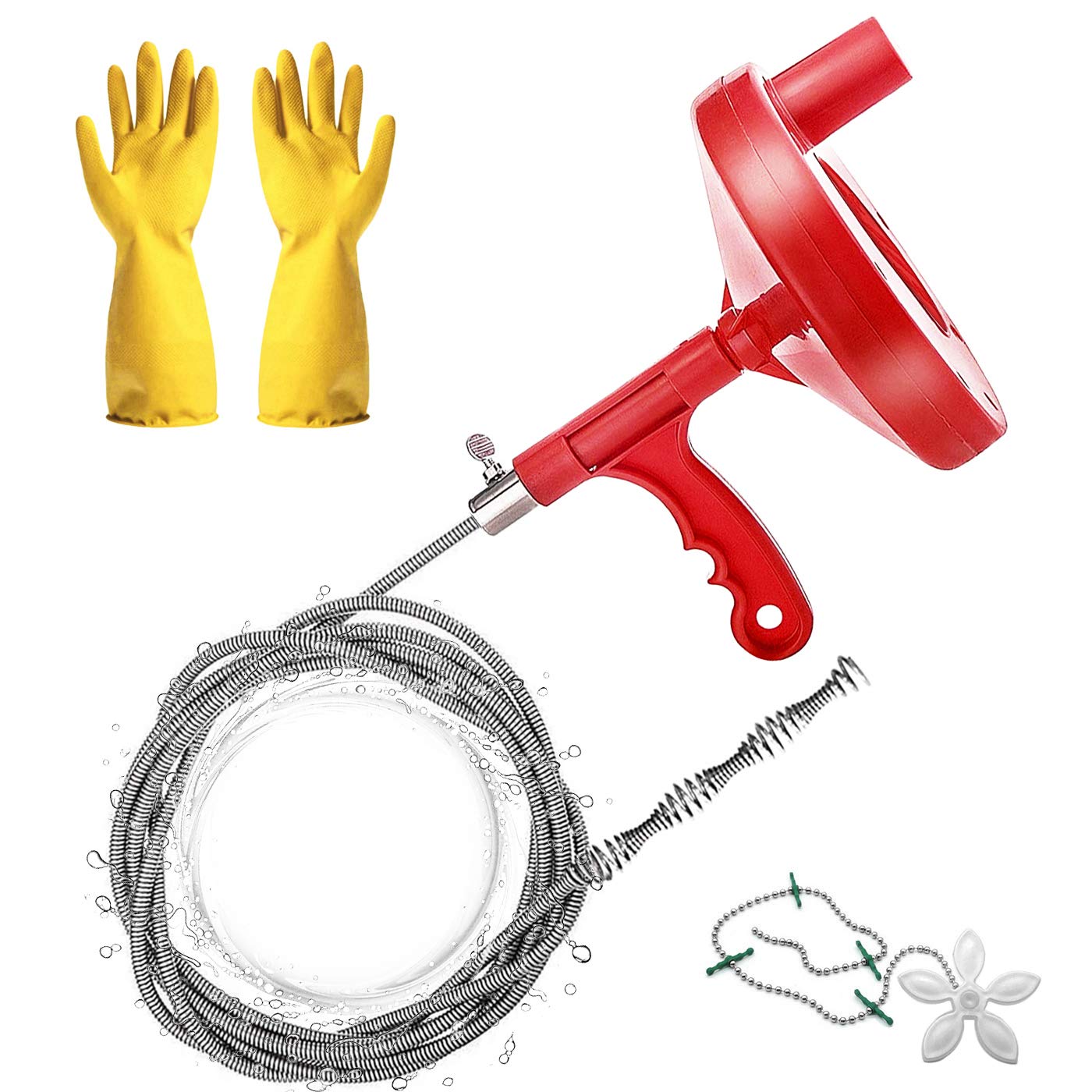 Heavy Duty Plumbers Snake, 7.7m Plumbing Snake Drain Auger, Hair Clog Remover Pipe Snake for Kitchen/Bathroom Sink/Bathtub Drain/Toilet, with Pipe Dredge Tool: Gloves and Shower Drain Protector