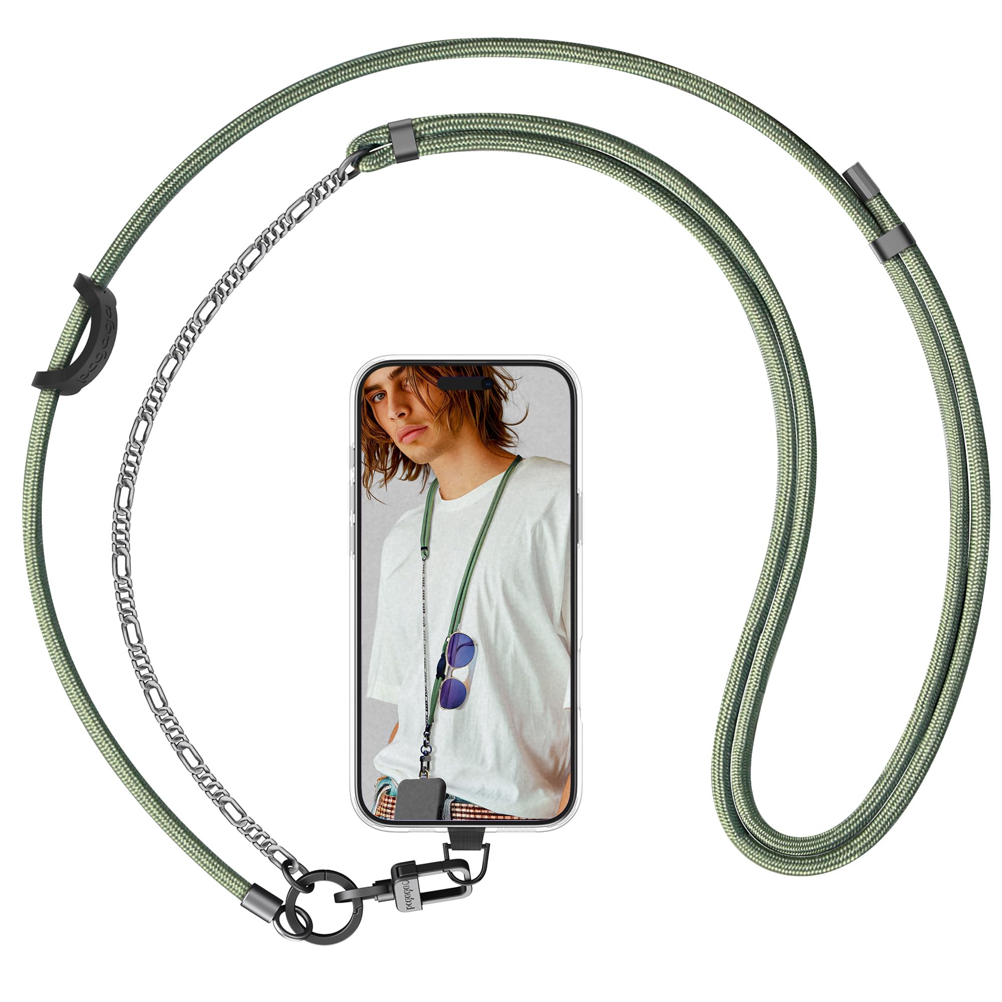 pcgaga Mobile Phone Lanyard Crossbody, Adjustable Braided Phone Neck Strap with Premium Metal Chain Clip, 2 Tether Tabs for iPhone AirPods ID Badge Keys Purses Women Men-Enhanced Durability and Style