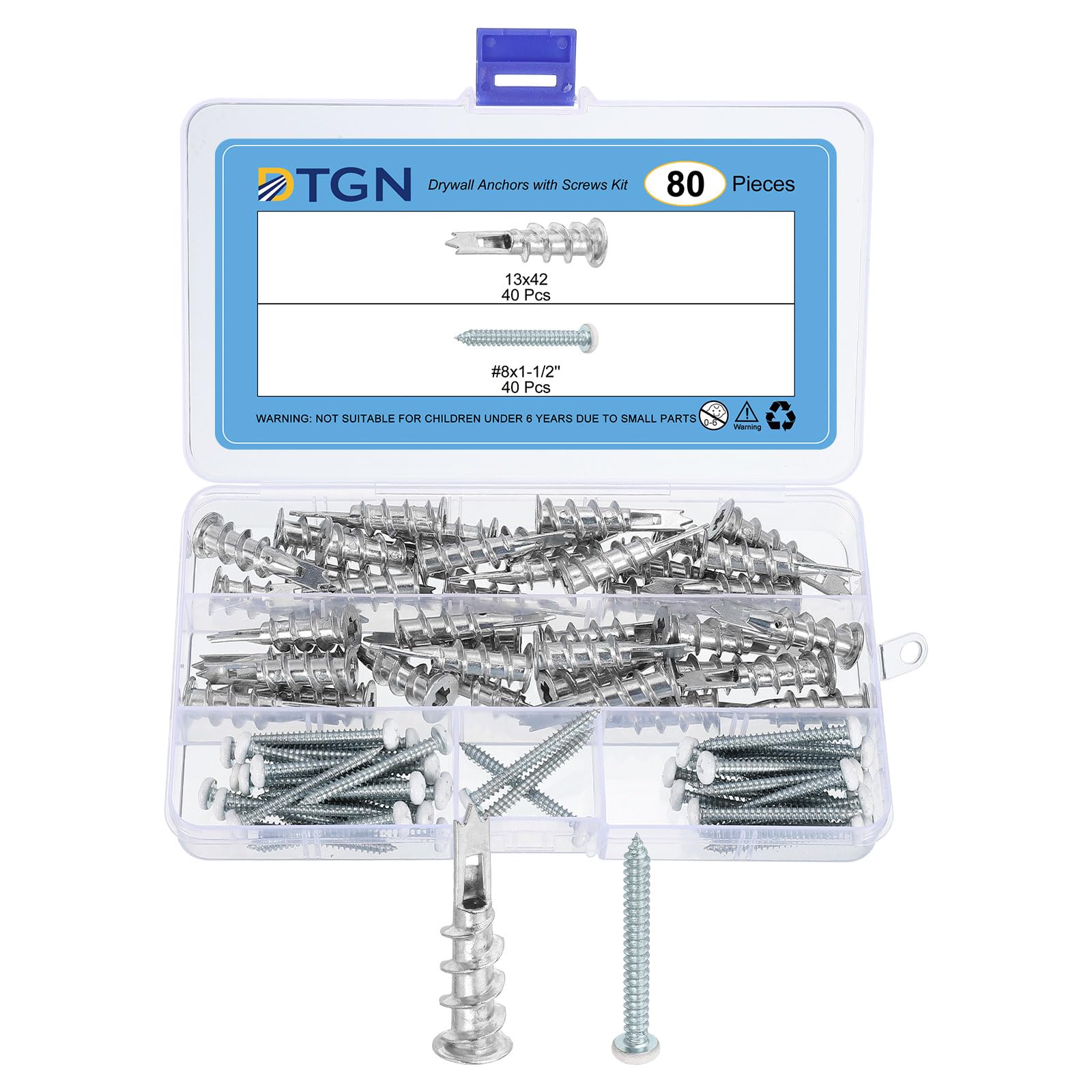 DTGN 13x42mm Self-Drilling Drywall Anchors with Screws Kit - 40 Set - Good for Concrete Tile Cement - Zinc Alloy Hollow Wall Anchors Kit with Screws