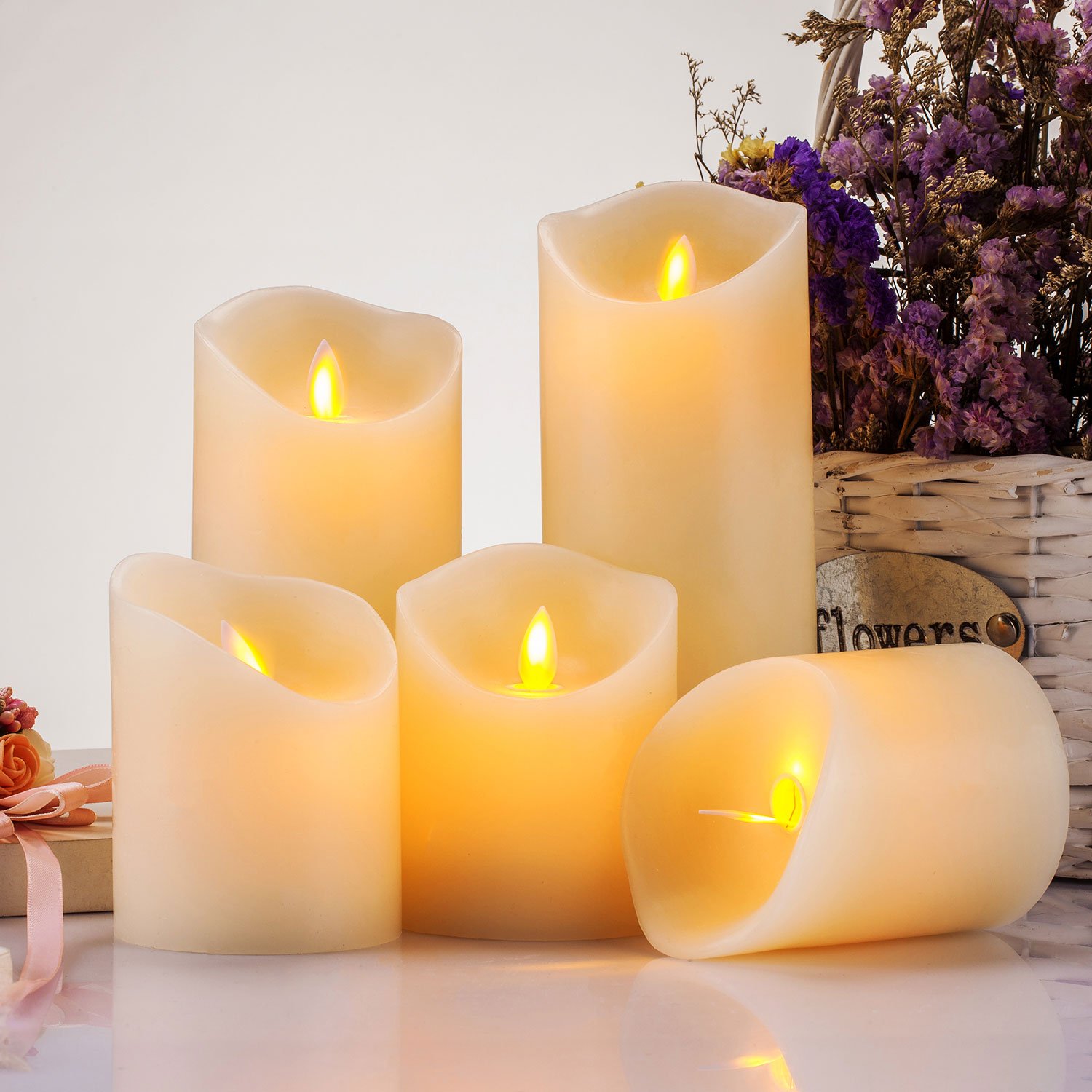 Pandaing Set of 5 Realistic Moving Flame Real Wax Flameless Candles