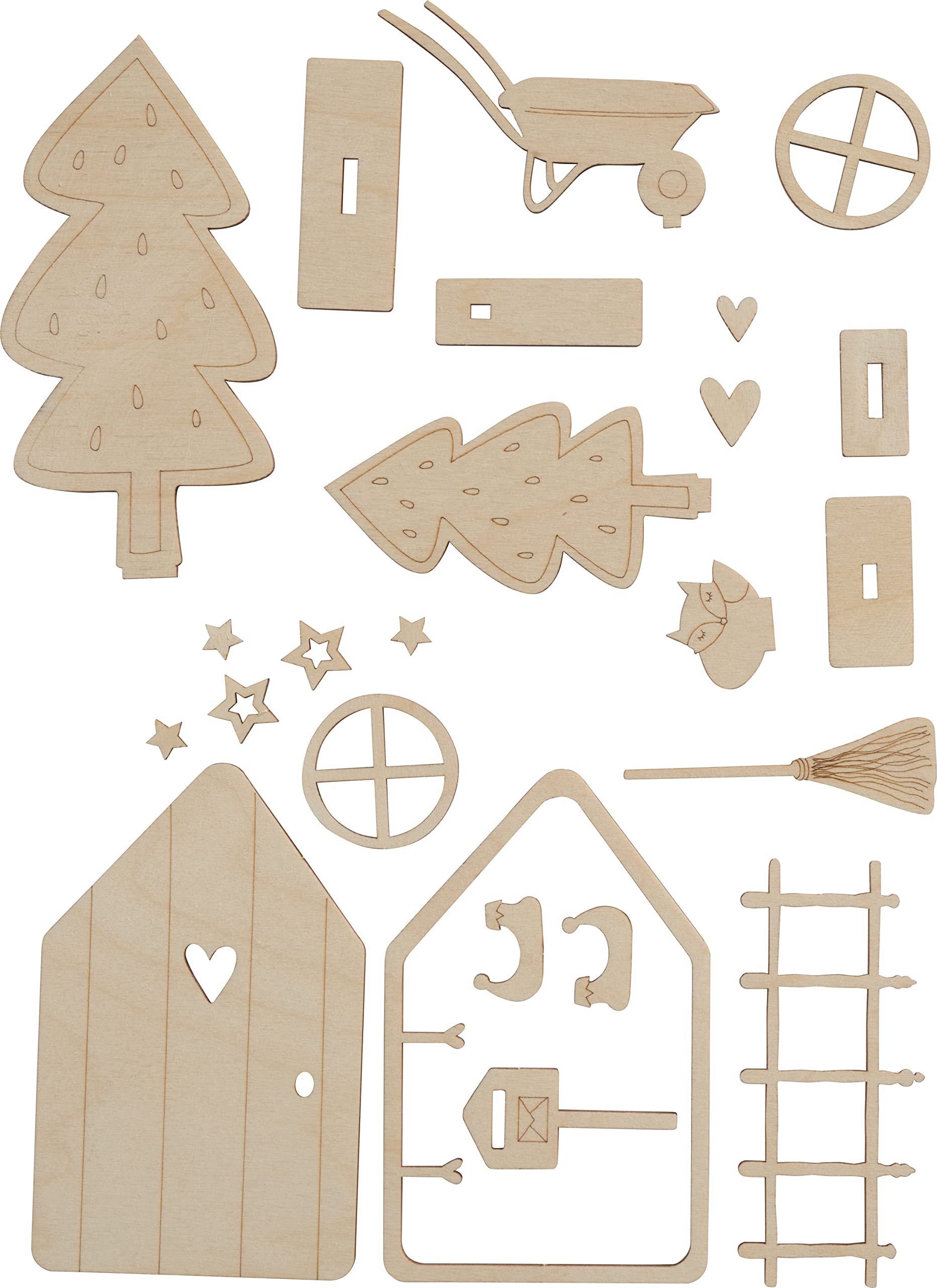 Rayher Wooden Fairy Door for DIY Fairy Garden, Elf Door Set with Windows, Post Box, Fir Trees, and more Accessories, Wood Craft Set with 24 Pieces, Tomte, 21x15cm, natural wood, 64519505