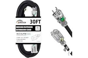 HONDERSON Indoor Outdoor Extension Cord Weatherproof with Lighted End, UL Listed, 14 Gauge 30FT Black 3 Prong SJTW 15A Heavy Duty Power Cord for Outdoor Lights, Lawn
