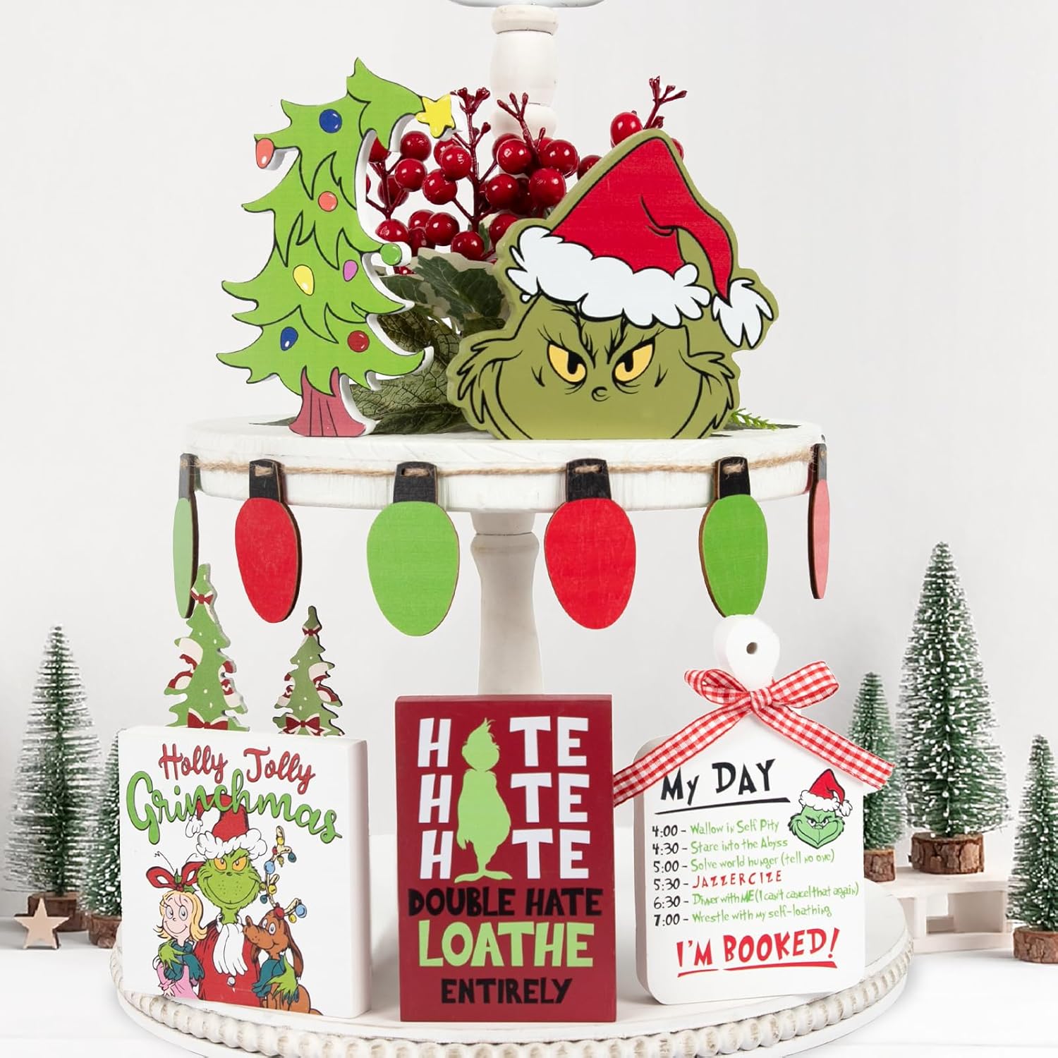 Wreaths, Garlands & Swags - DAZONGE Christmas Decorations - 6PCS Christmas Tiered Tray Decor - Grinchmas Face, Hate, Schedule Cutting Board, Christmas Lights Garland, Christmas Tree Signs for Xmas Decor