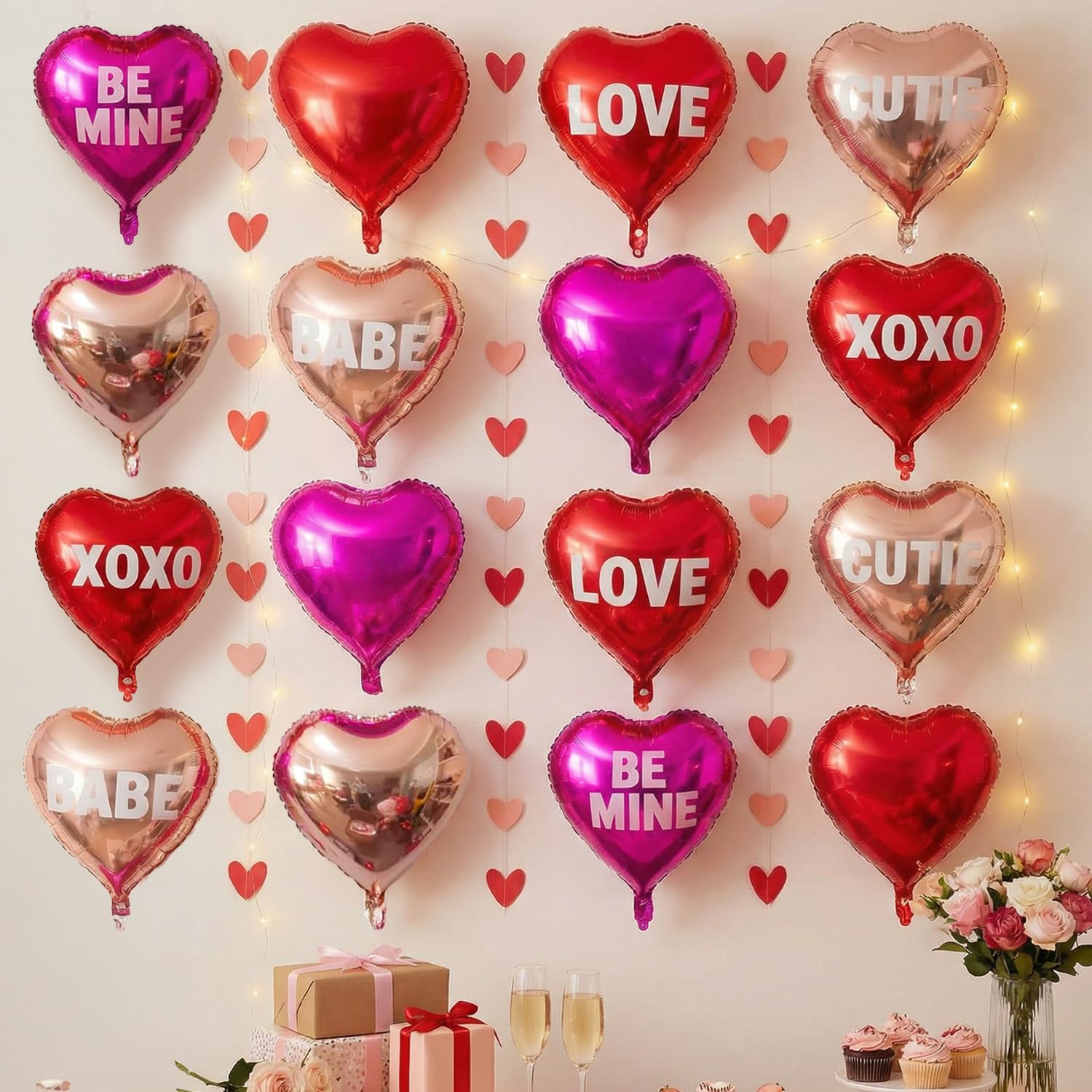 Photo 1 of 18 Inch Heart Foil Balloon Set for Galentine’s Day – LOVE, XOXO, BE MINE, CUTIE, BABE Printed Balloons – Red, Rose Gold, Hot Pink – Heart Banners - Bulk Valentines Decorations