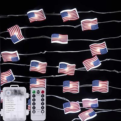 10ft 40 LEDs Patriotic Decorations String Lights, USA American Flag Lights String, 4th of July Decorations, Memorial Day Decorations Battery Operated, Remote Control, with Timer, for Indoor &amp; Outdoor