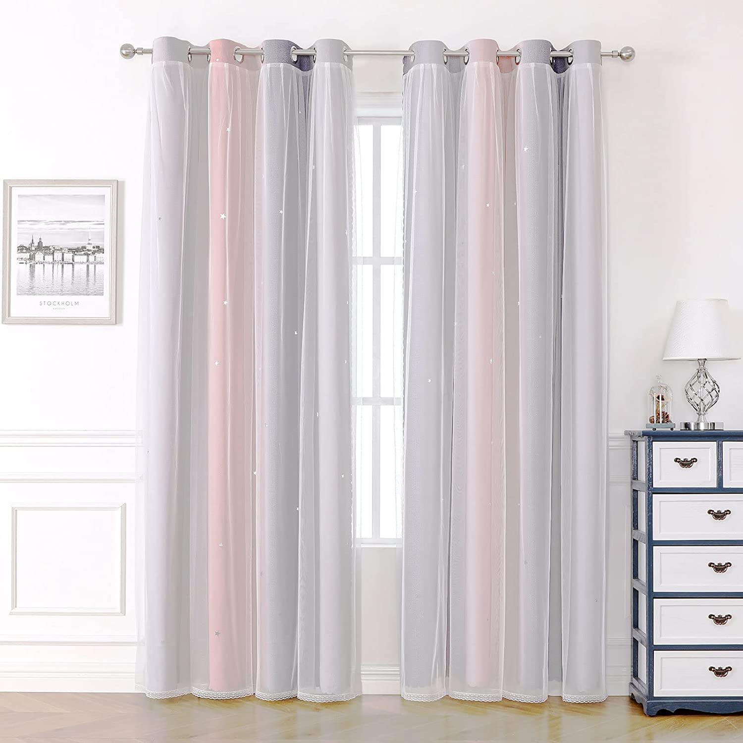 Blackout Curtains for Living Room Bedroom Girls Nursery Kids Eyelet,Voile Net Curtains for Windows,2 Panel 52 x 63 inch Drop Soundproof Thermal Black Out Curtains Pink Grey — image 1