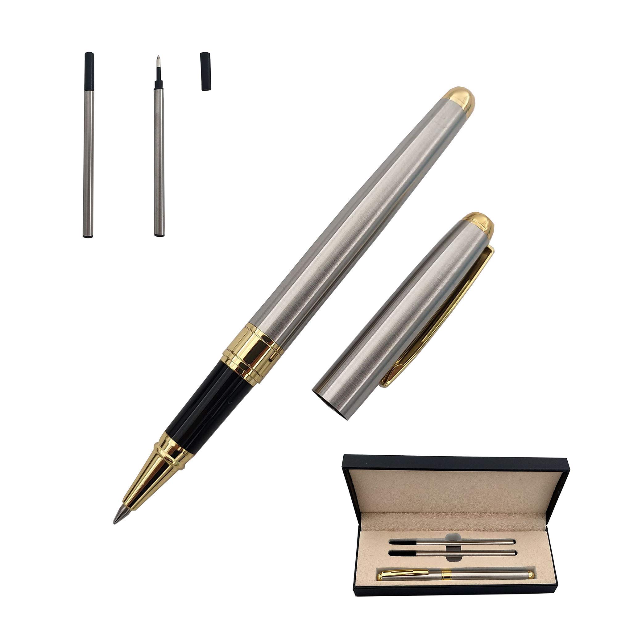 Accod Metal Ballpoint Pen Rollerball Pen Office Signature Pen High-end Gift Box with Two Replaceable Black Refills(0.5mm) Gift for Friends Classmates Family and Colleagues (Silver)