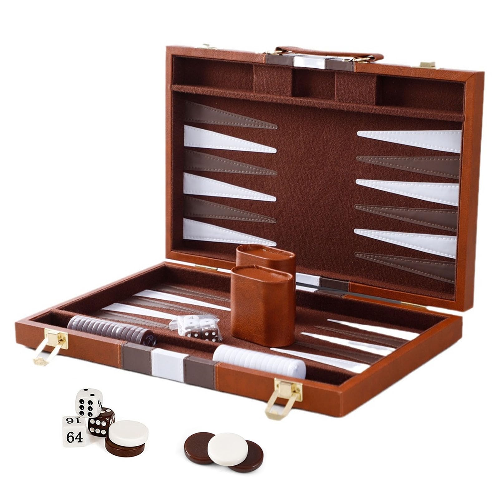 Caossuixin Deluxe Leather Backgammon Set - 11 Inch Portable Travel Board Game with Dice Cup and Game Pieces for Adults and Children (Brown)