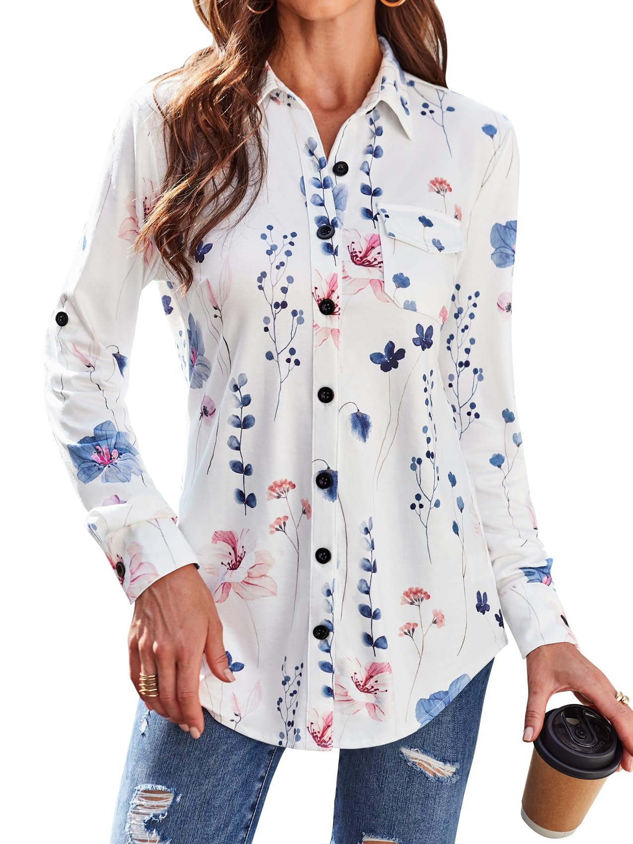 DJT Womens Button Down Shirts Fall Tops Soft Knitted Stretchy Roll Up Long Sleeve Dressy Casual Shirt Work Blouse Top Large White Floral Image