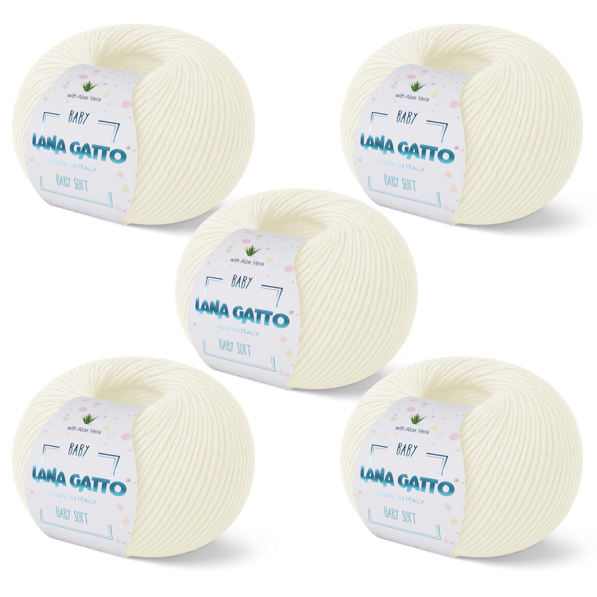 Baby Soft Yarns for Crocheting and Knitting 100% Merino Wool Treated with Aloe Vera, Soft Wool for Babies, Made in Italy by Lana Gatto, (5, Off-White - 978)