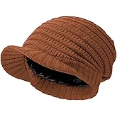 Century Star Womens Satin Lined Winter Hat with Brim, Slouchy Newsboy Beanie Cap, Warm Knit Visor Hat for Cold Weather