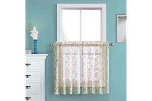 Warm Home Designs Pair of 30 Inches Wide x 36 Inches Long Gold Linen Knitted Lace Kitchen Tier Curtains in Charming Flower Pattern. Add Swags & Valance for Ultimate Elegant Look. FI Linen Tiers 36"