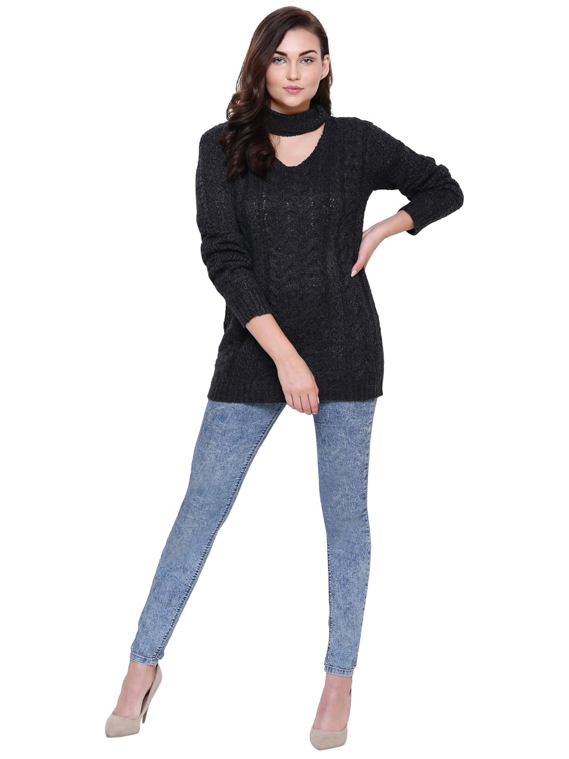 mansicollections dark grey chunky knit choker sweater for women