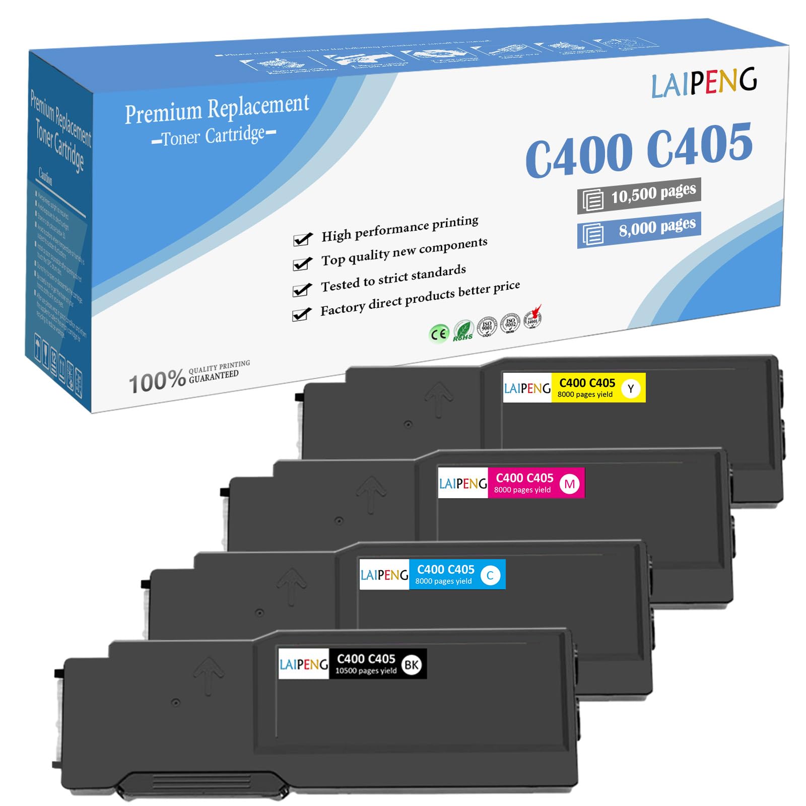 LAIPENG C400 C405 Compatible Toner Cartridge for Xerox VersaLink C400 C400v C400n C400dn MFP C405 C405n C405dn Laser Printer Extra High Yield 10500 pages for Black 8000 for Cyan Magenta Yellow Ink