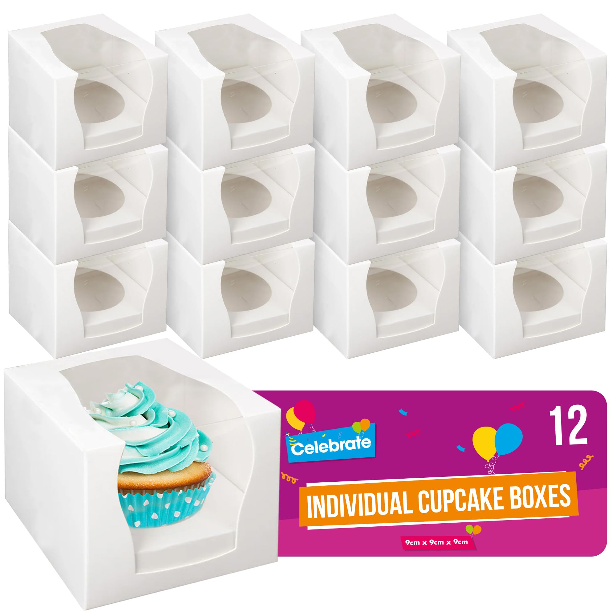 SOL 12pk Individual Cupcake Boxes 9x9x9cm Single Cupcake Boxes Individual with Window for Parties Weddings Birthdays Events Durable Cup Cake Packaging for Bakery Desserts Transport Storage