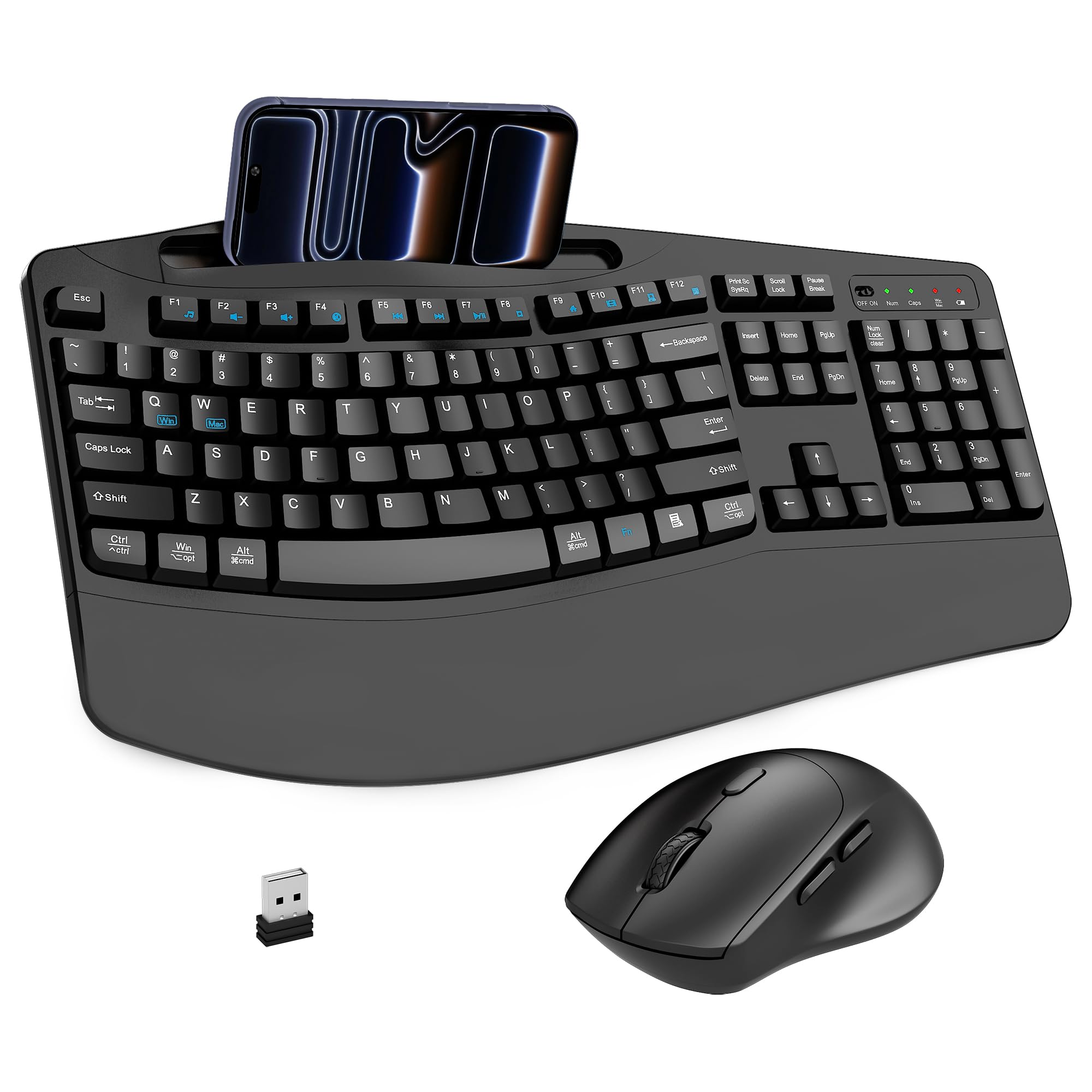 Photo 1 of **PARTIAL SET**Wireless Keyboard and Mouse Combo, 2.4G Full Size Wave Keys Ergonomic Keyboard with Wrist Rest, Phone Holder, 3-Level DPI Wireless Silent Mouse with 6-Buttons, for Windows, Mac OS, Laptop, PC (Black)