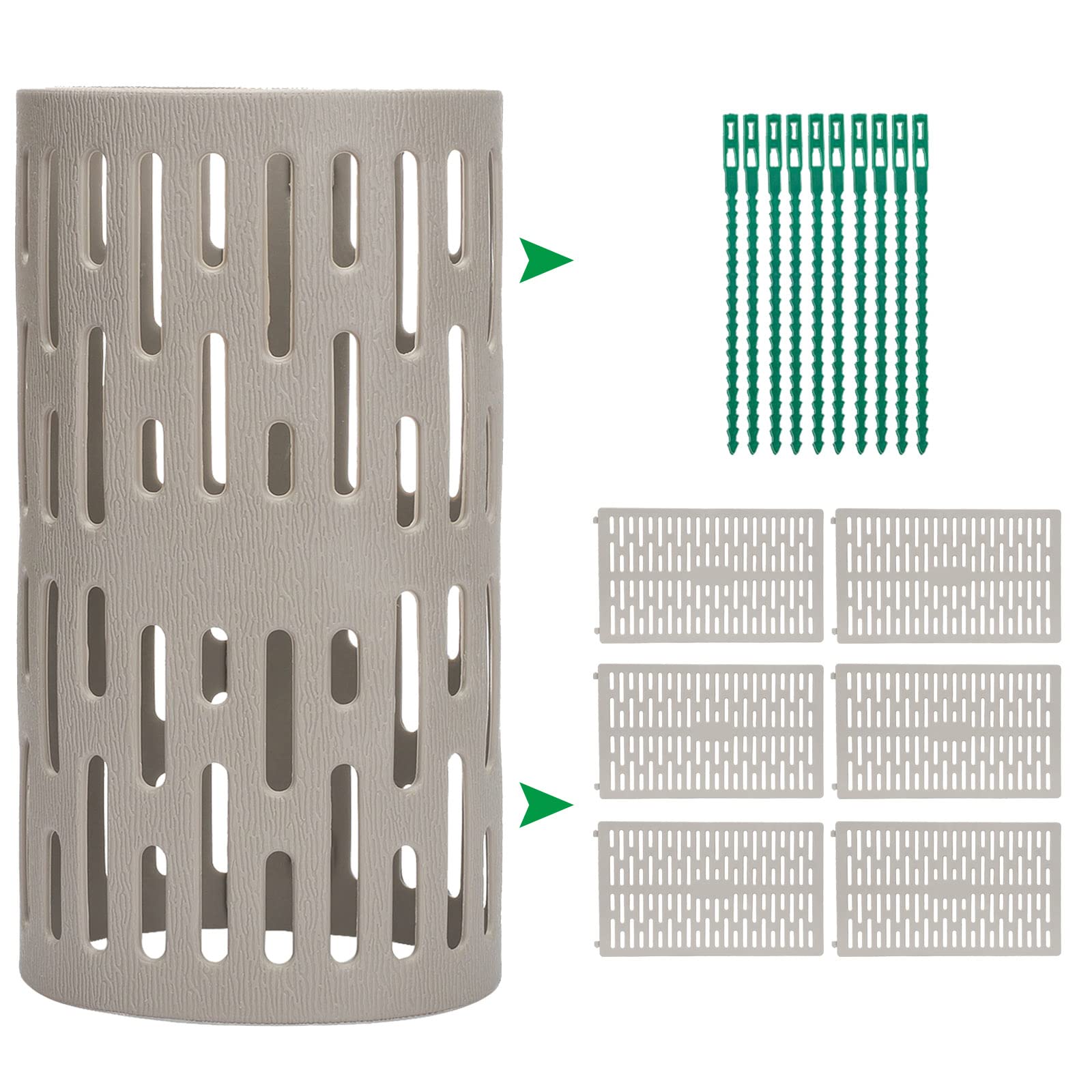 SIYANO 6 Pack Plant Tree Trunk Protector Guard with 18 Plant Ties, Plastic Green Plant Guard Base Wrap, Weatherproof Durable Resizable Adjustable with Built-in Locking Hooks for Various Size Trees