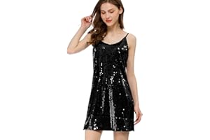 Allegra K Women's Glitter Sequin Dress Spaghetti Strap V Neck Party Cocktail Sparkly Mini Dress Clubwear