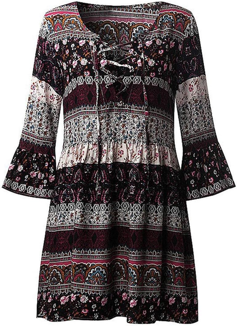 White Island Summer Dresses Women Floral Print Three Quarter Sleeve Boho Dress Ladies Evening Party Dress,Black,M
