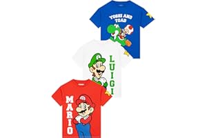 Super Mario Boys T-Shirt 3 Pack, Short Sleeve Mario, Luigi and Yoshi Summer Tops, Cotton Clothes for Boys
