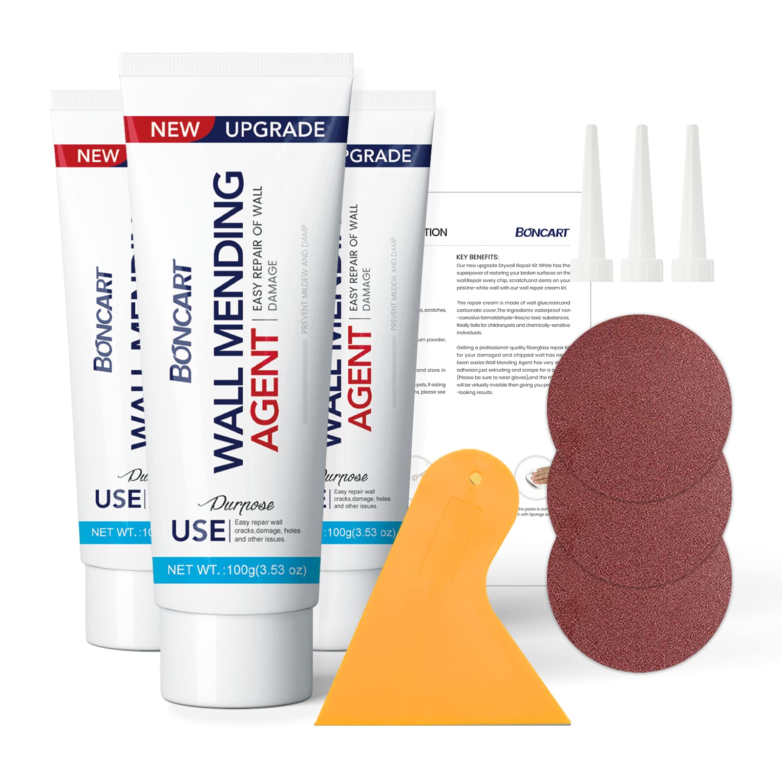 Photo 1 of BONCART Drywall Repair Kit, Spackle Wall Repair Kit, 3 Pack Wall Mending Agent Putty, Wall Repair Paste Plaster for Wall Crack/Nail Hole, Wall Hole Filler with Scraper/Sandpaper