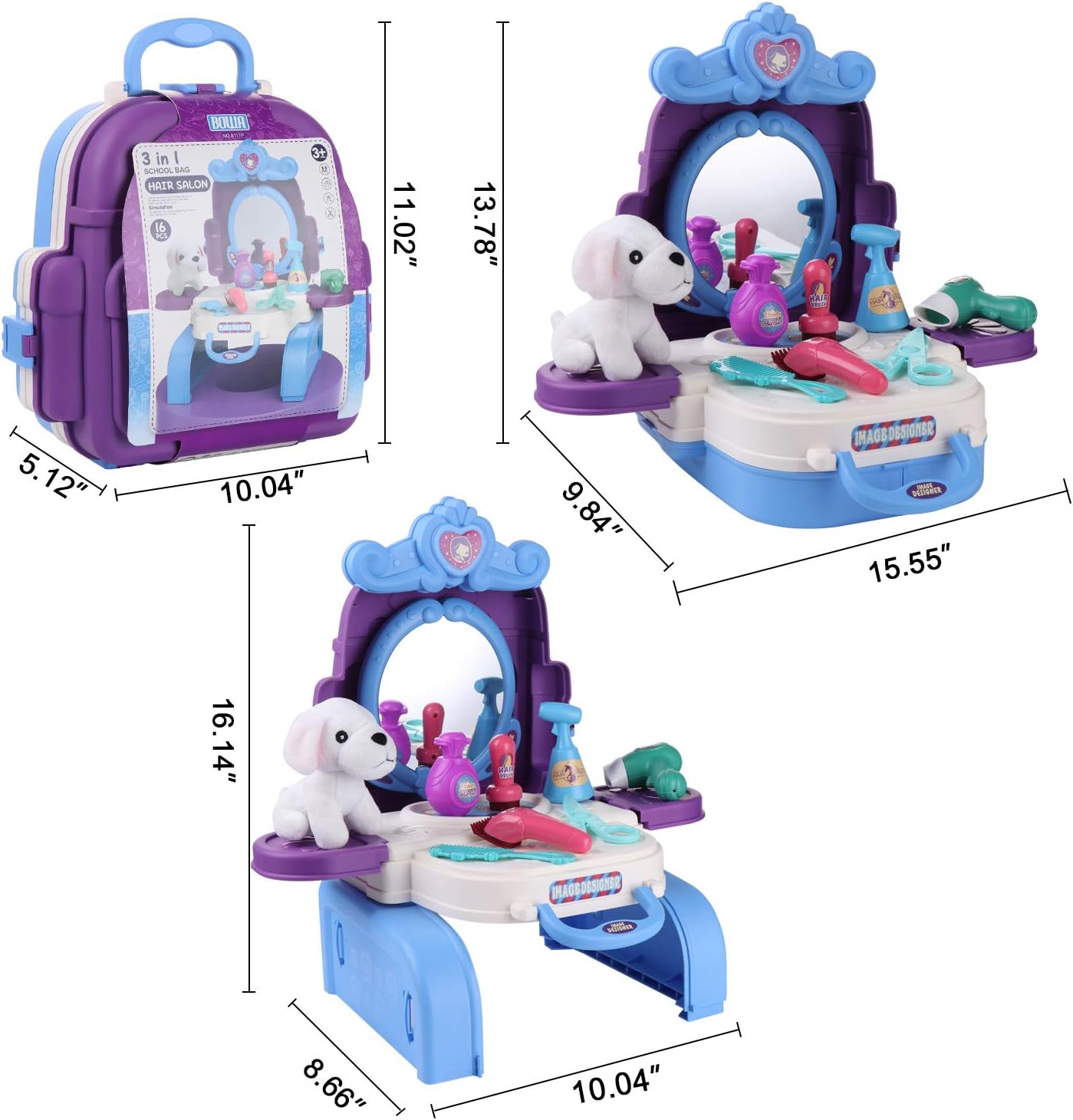 Kids Beauty Hair Salon Toy Pretend Play Hair Styling Set Simulation Hairdressing Kit with 3-in-1 Carrier Backpack, 16Pcs Role Play Educational Toy Pretend Game Gifts for Kids Girls Birthday Christmas: Toys & Games