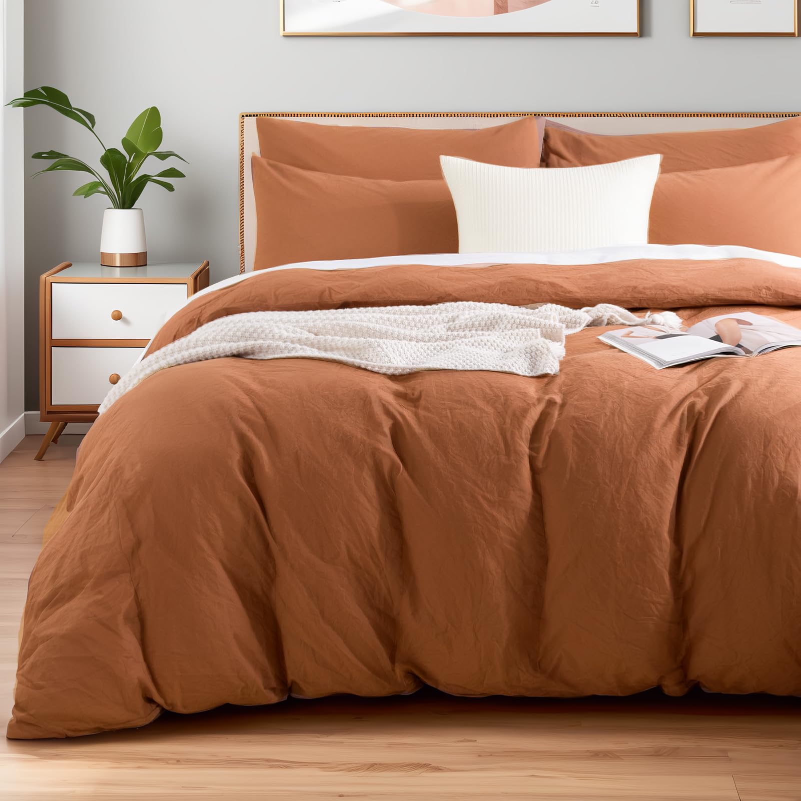Photo 1 of NEXHOME PRO Duvet Cover Set 100% Washed Cotton Super King 108"x98", Organic Natural Linen Look Textured 3 Pieces Bedding Set Terracotta Burnt Orange with Zipper Closure, Soft (No Comforter)