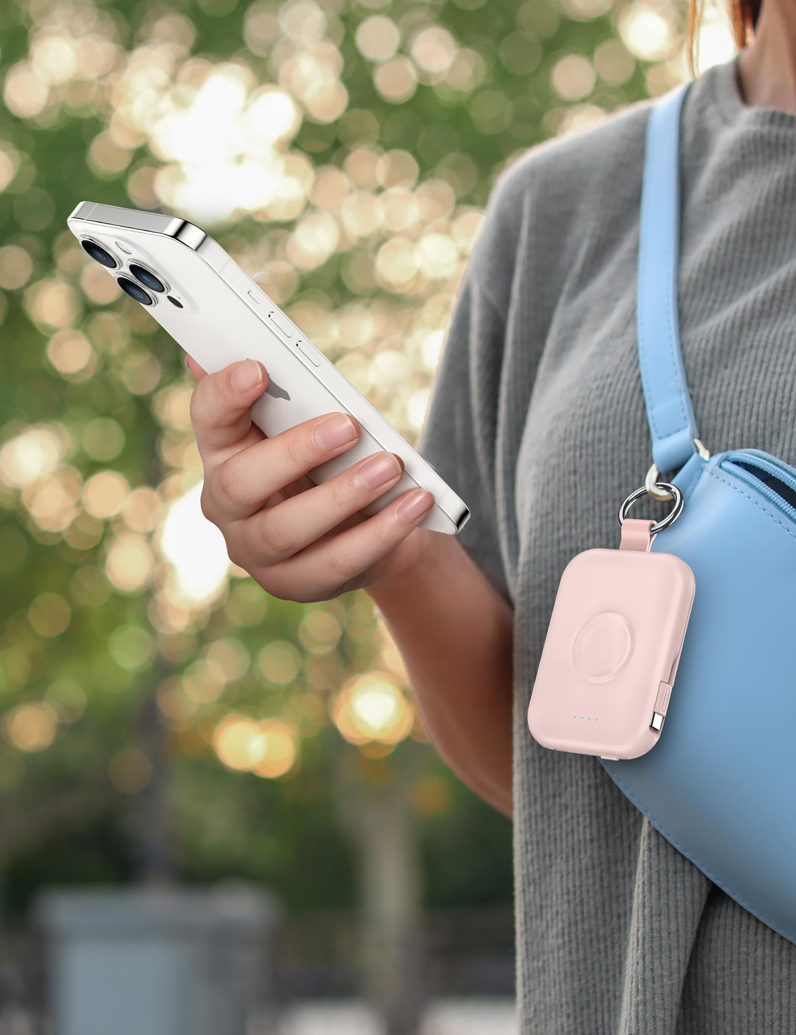 RORRY Portable Charger, 5000mAh Portable Charger Power Bank with Built-in Cables, Travel Keychain Battery Pack for Apple Watch Ultra 2/10/9/8/Ultra/7/6/SE/5, iPhone 16/15/14/13/12, Pink