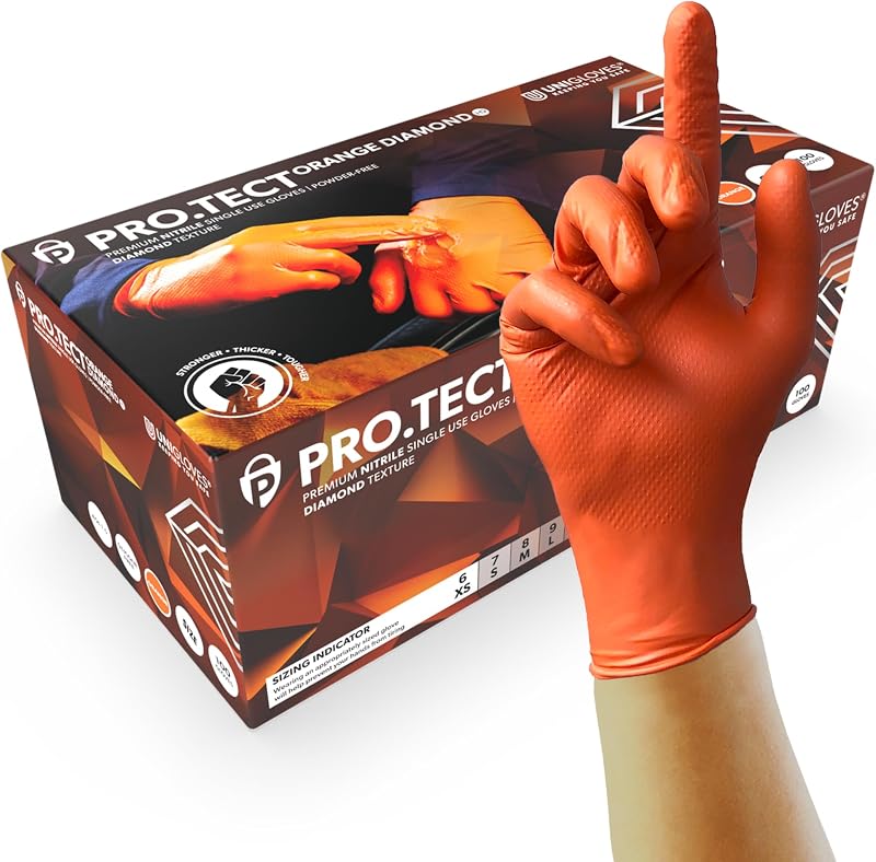 Unigloves PRO.TECT Orange HD Nitrile Gloves Large Box of 100 Powder Free