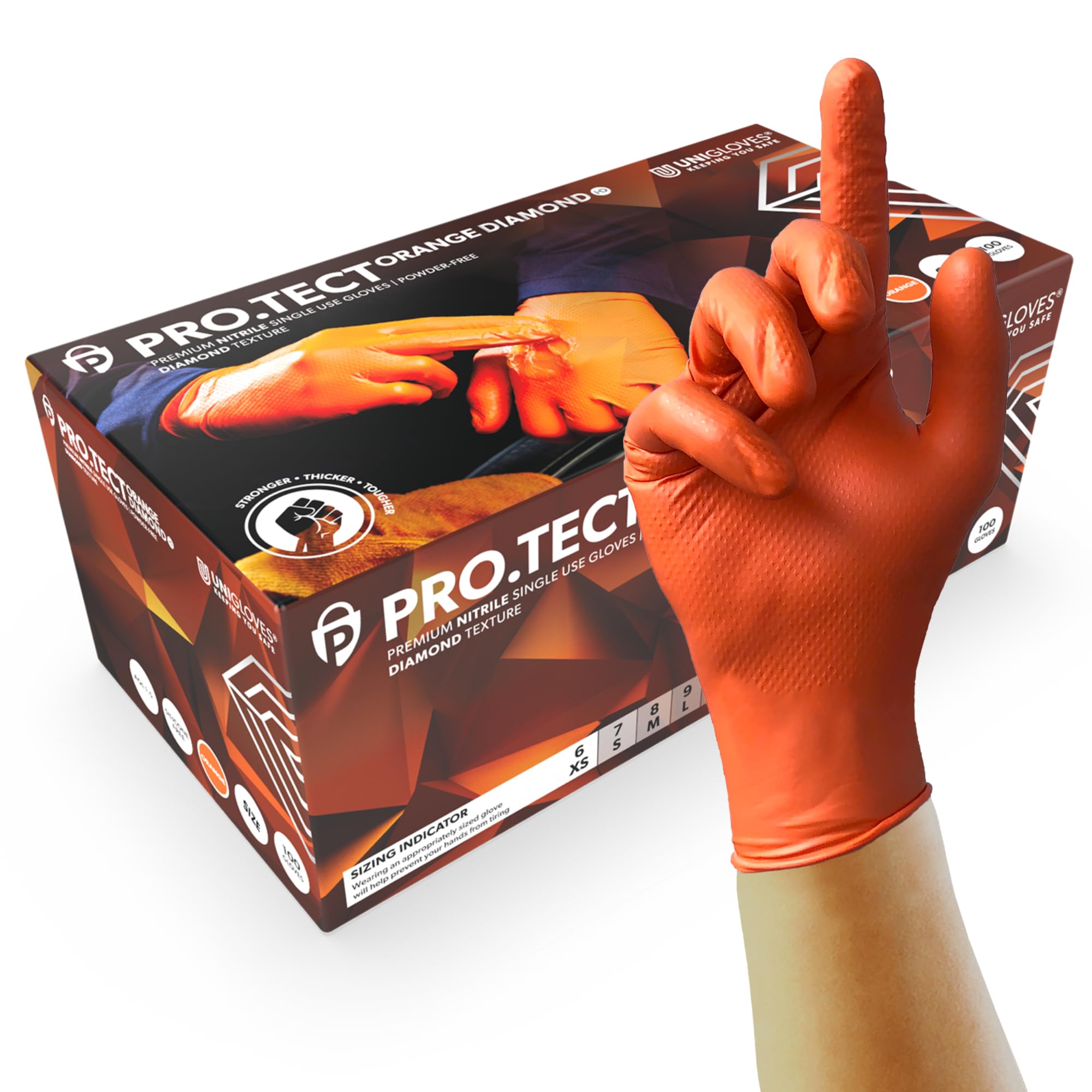Unigloves PRO.TECT Orange HD Nitrile Disposable Gloves - Ultra Heavy Duty, Single Use, Multipurpose, Powder Free Gloves - Box of 100 Gloves, Orange, Medium (GA0053)