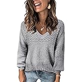 FEKOAFE Womens Sweaters 2026 Fall V Neck Long Sleeve Hollow Knit Pullover Sweaters for Women