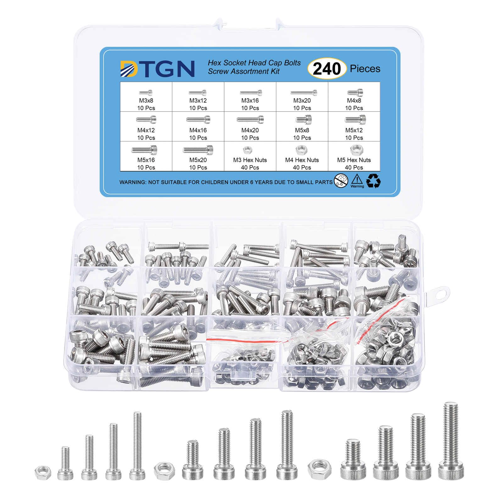 DTGN 240Pcs Metric Screw Assortment, M3/M4/M5 Bolts and Nuts Kit, 304 Stainless Steel M3/M4/M5x8/12/16/20mm Hex Socket Head Cap Screws Bolt Set